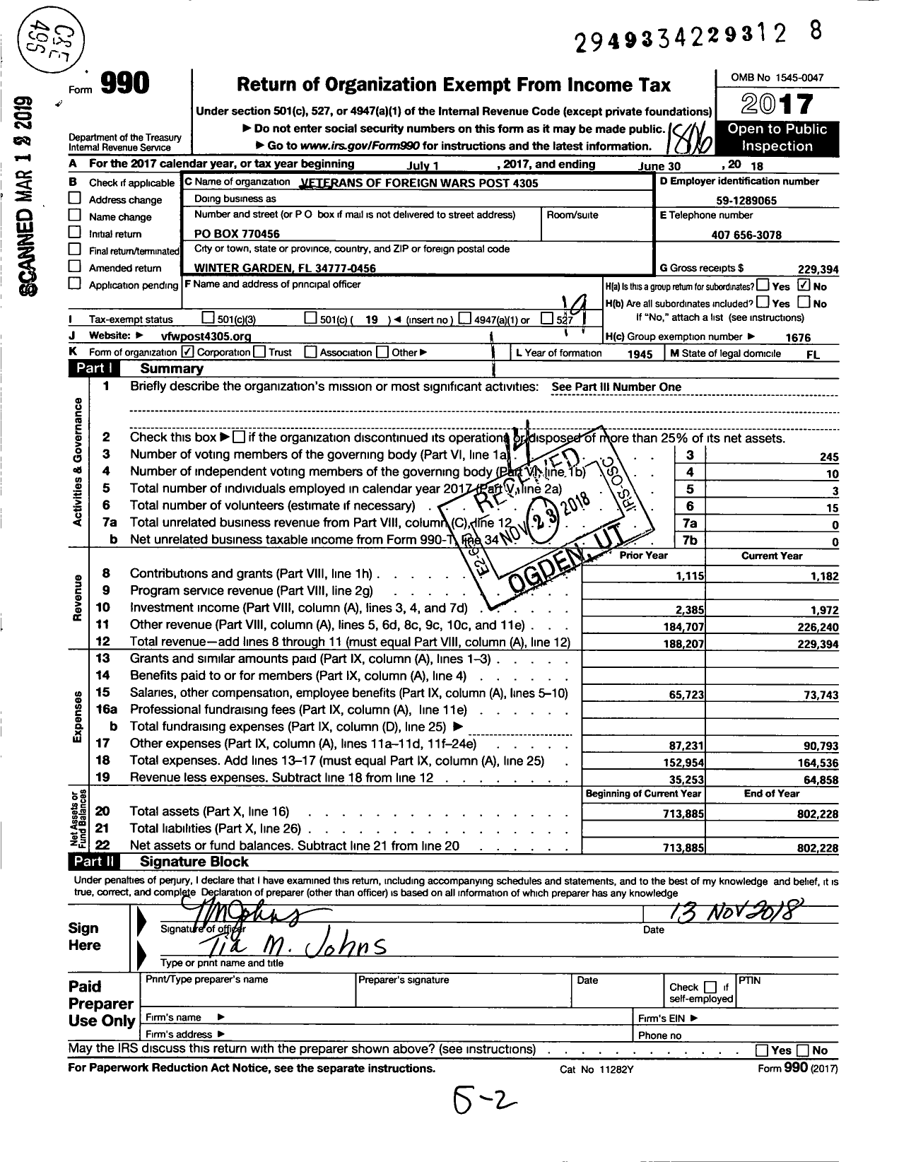 Image of first page of 2017 Form 990O for VFW Department of Florida - 4305 VFW Post