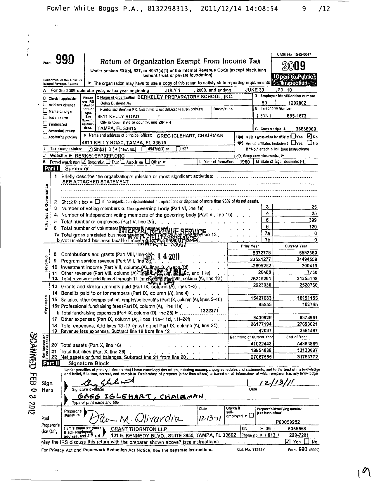 Image of first page of 2009 Form 990 for Berkeley Preparatory School