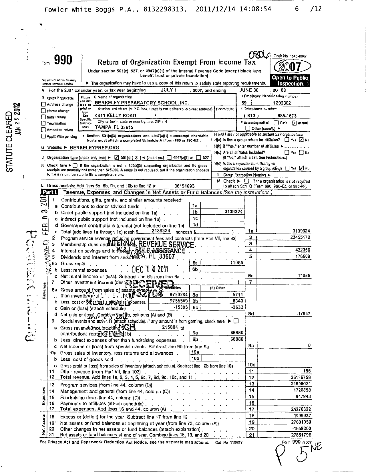 Image of first page of 2007 Form 990 for Berkeley Preparatory School