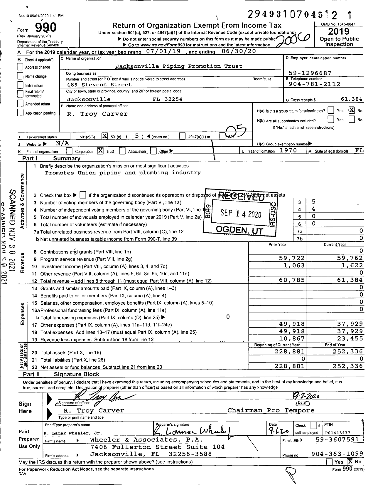 Image of first page of 2019 Form 990O for Jacksonville Piping Promotion Trust