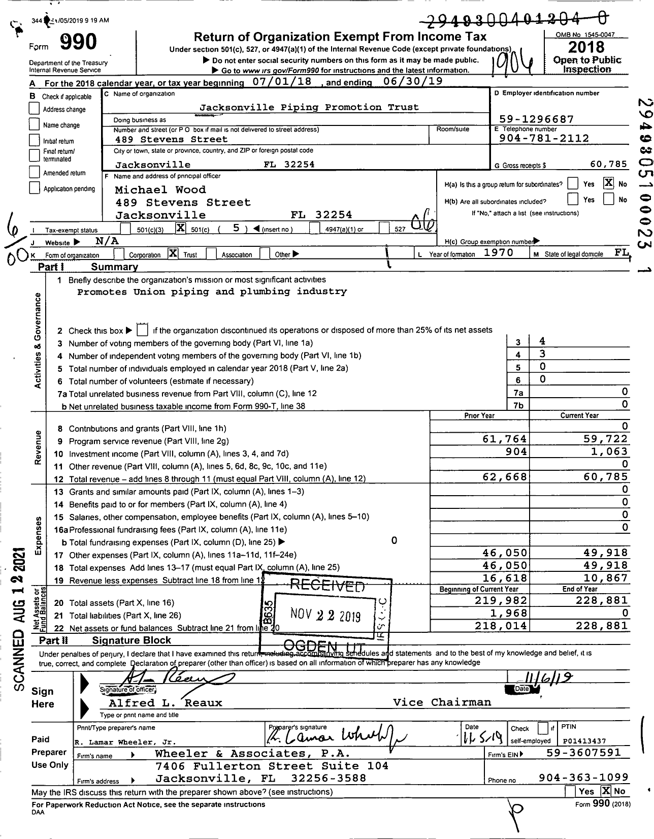 Image of first page of 2018 Form 990O for Jacksonville Piping Promotion Trust