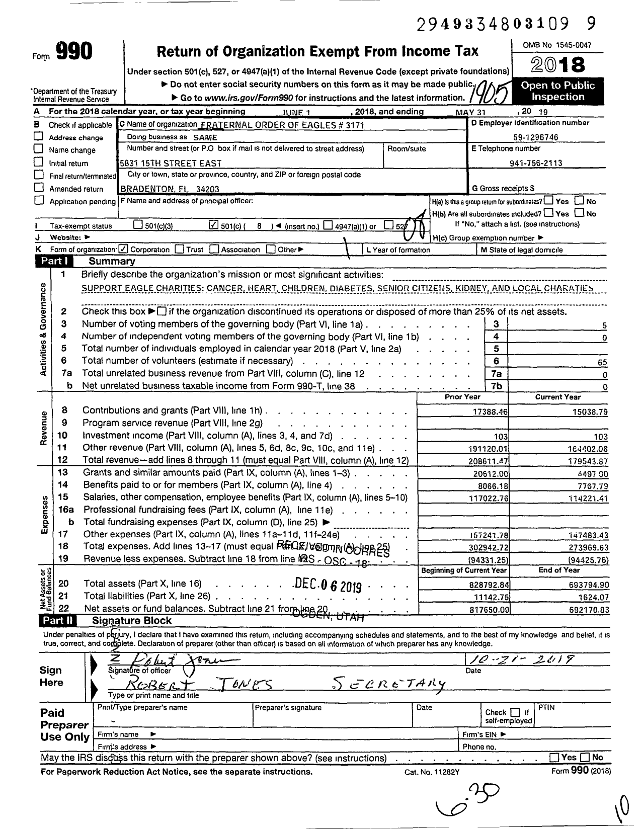 Image of first page of 2018 Form 990O for Fraternal Order of Eagles - 3171 Aerie