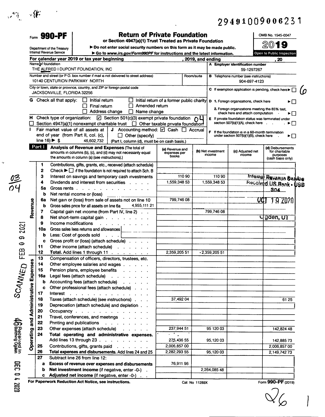 Image of first page of 2019 Form 990PF for The Alfred I duPont Foundation