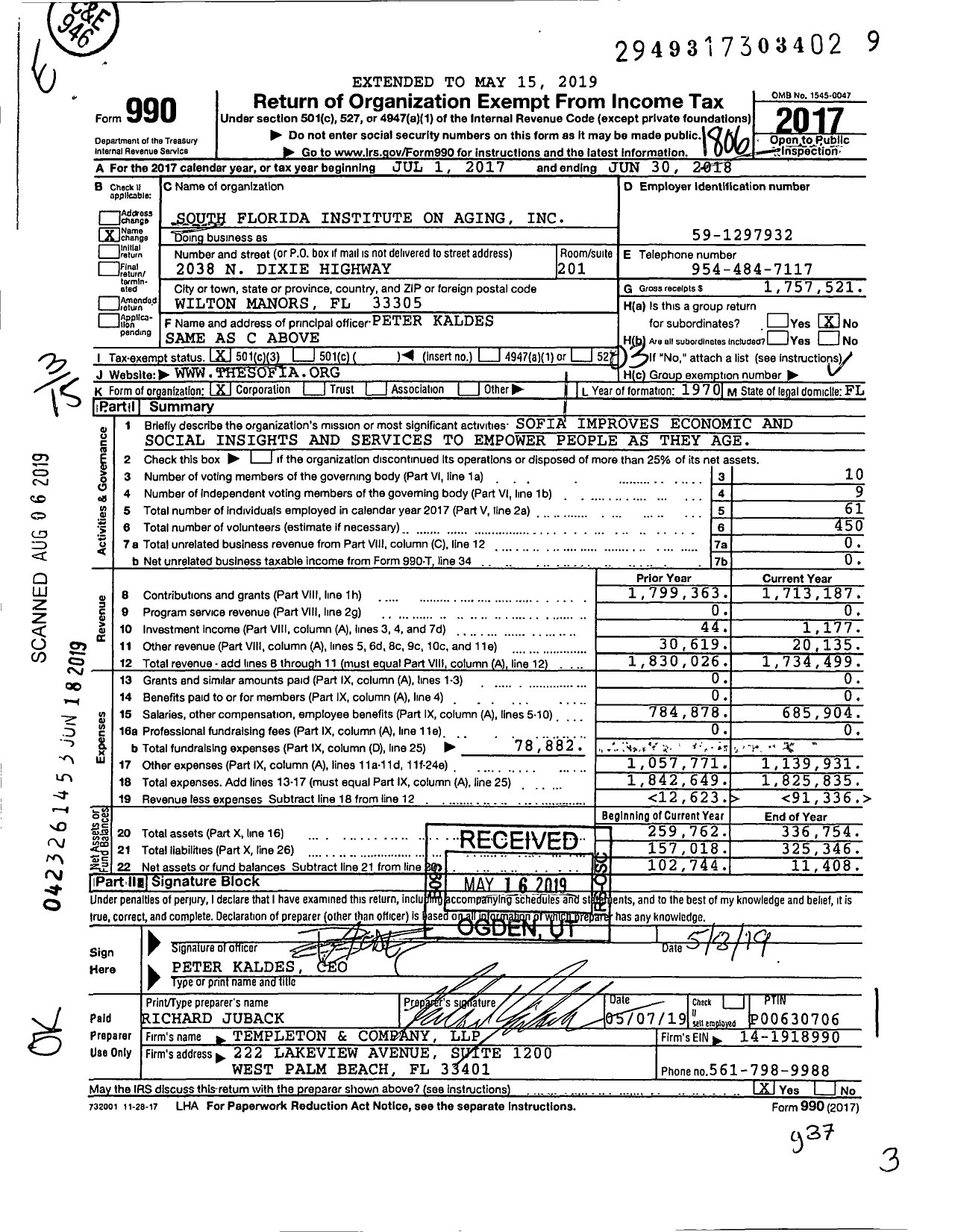 Image of first page of 2017 Form 990 for South Florida Institute on Aging