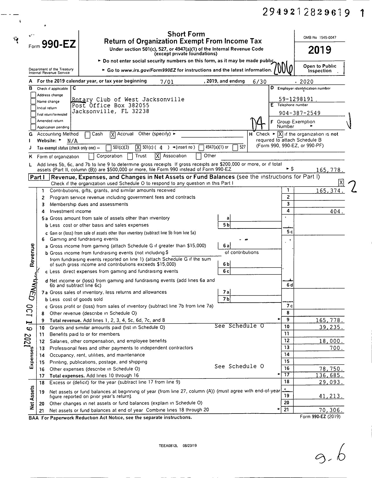 Image of first page of 2019 Form 990EO for Rotary International - West Jacksonville