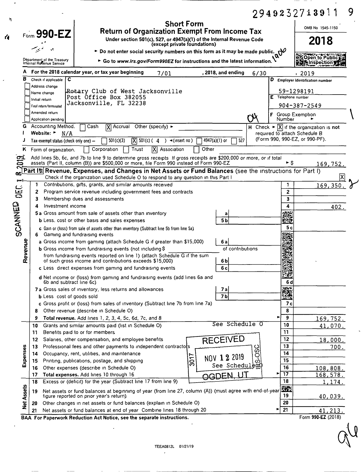 Image of first page of 2018 Form 990EO for Rotary International - West Jacksonville