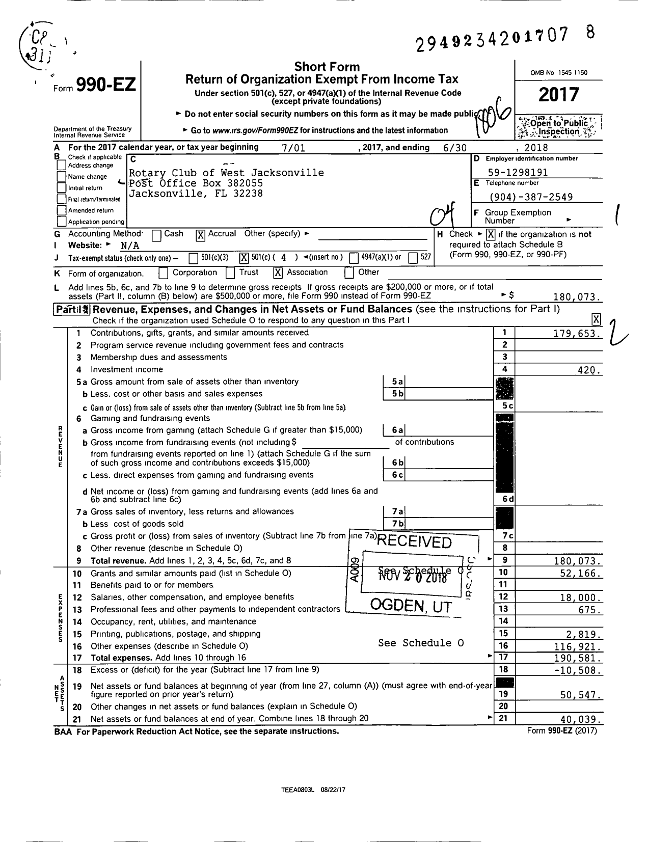 Image of first page of 2017 Form 990EO for Rotary International - West Jacksonville