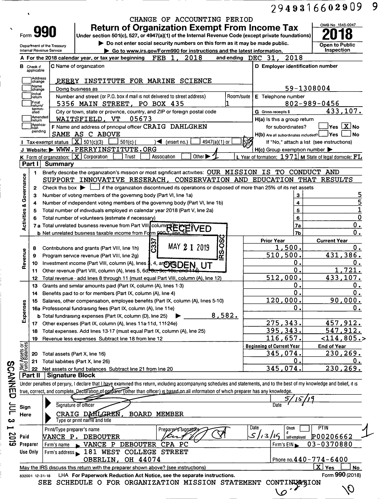 Image of first page of 2018 Form 990 for Perry Institute for Marine Science