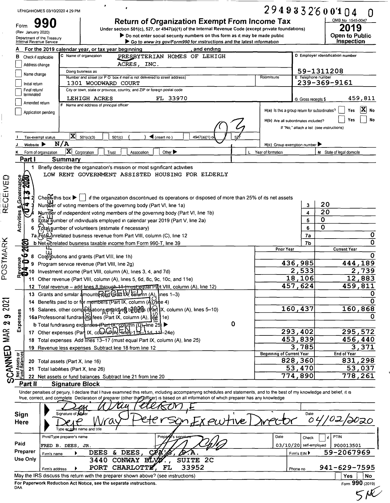 Image of first page of 2019 Form 990 for Presbyterian Homes of Lehigh Acres