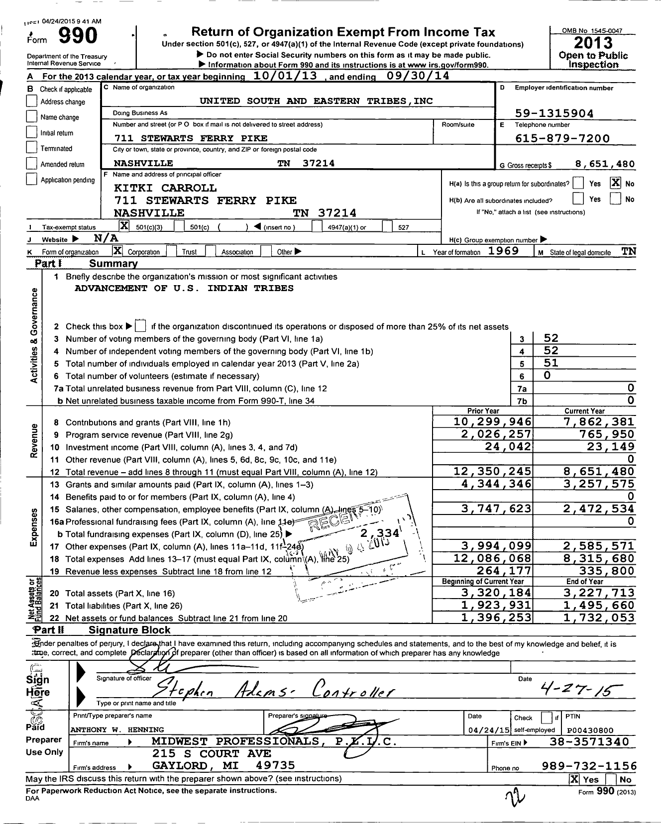 Image of first page of 2013 Form 990 for United South and Eastern Tribes