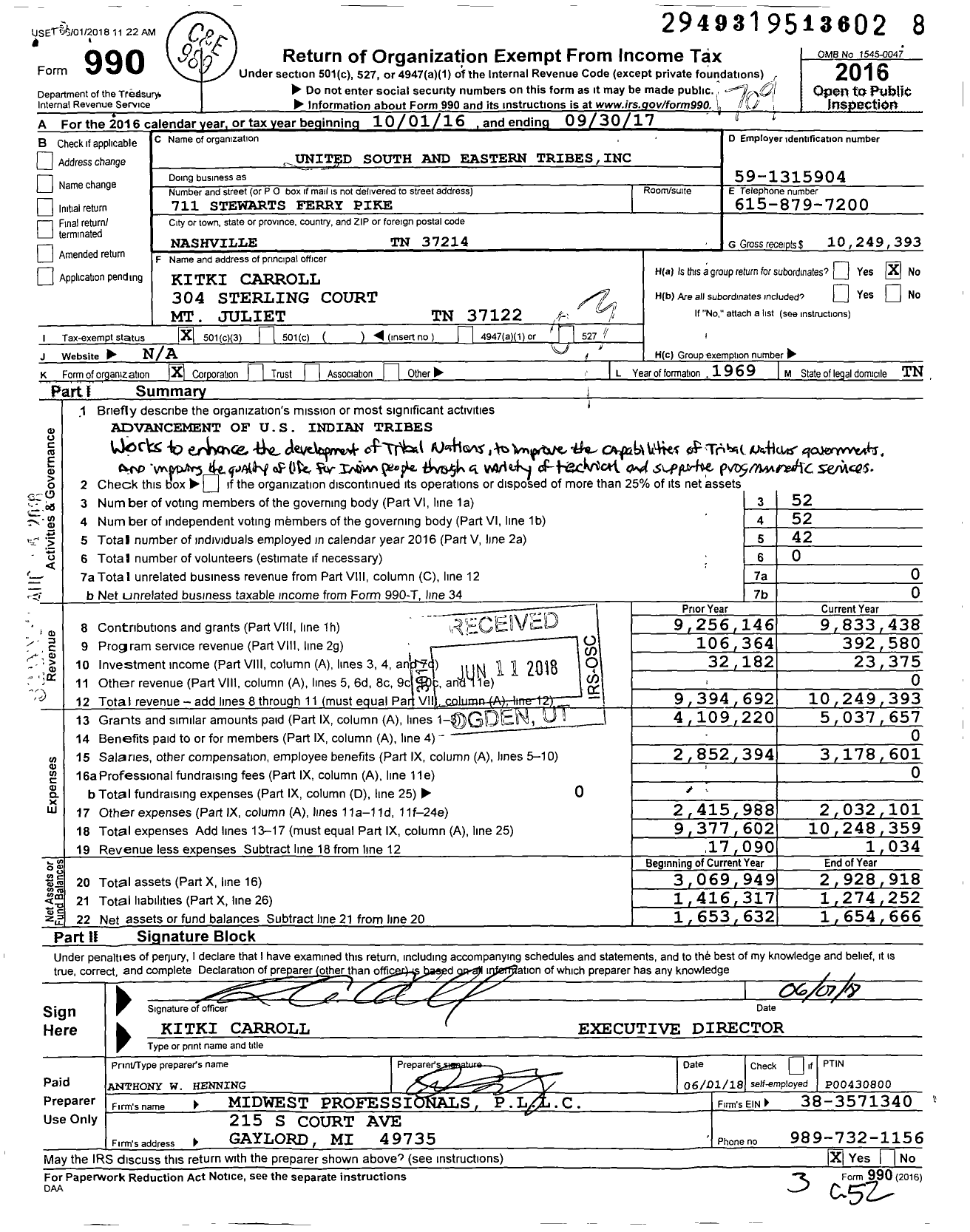 Image of first page of 2016 Form 990 for United South and Eastern Tribes