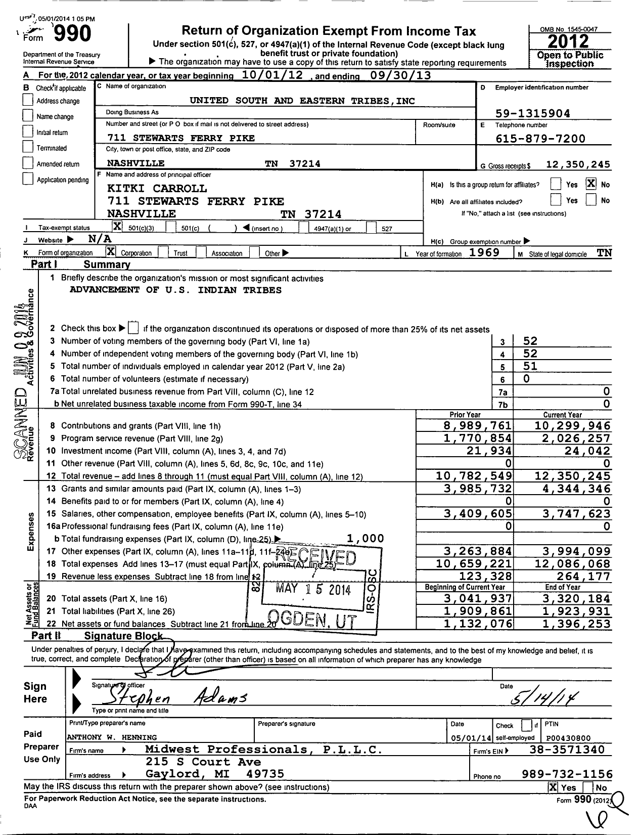 Image of first page of 2012 Form 990 for United South and Eastern Tribes