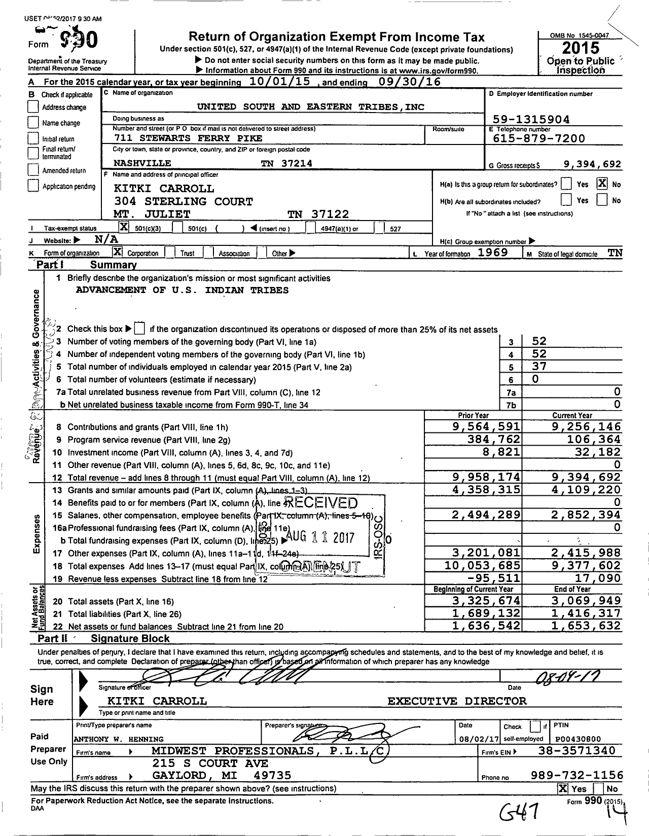 Image of first page of 2015 Form 990 for United South and Eastern Tribes