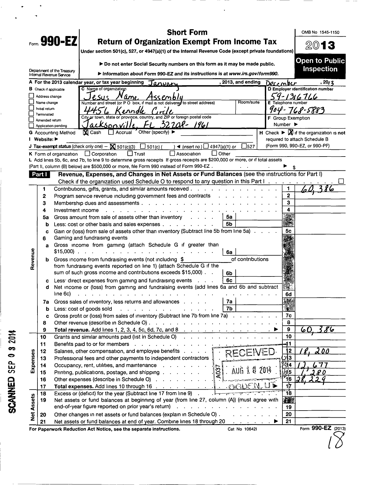 Image of first page of 2013 Form 990EZ for Jesus Name Assembly