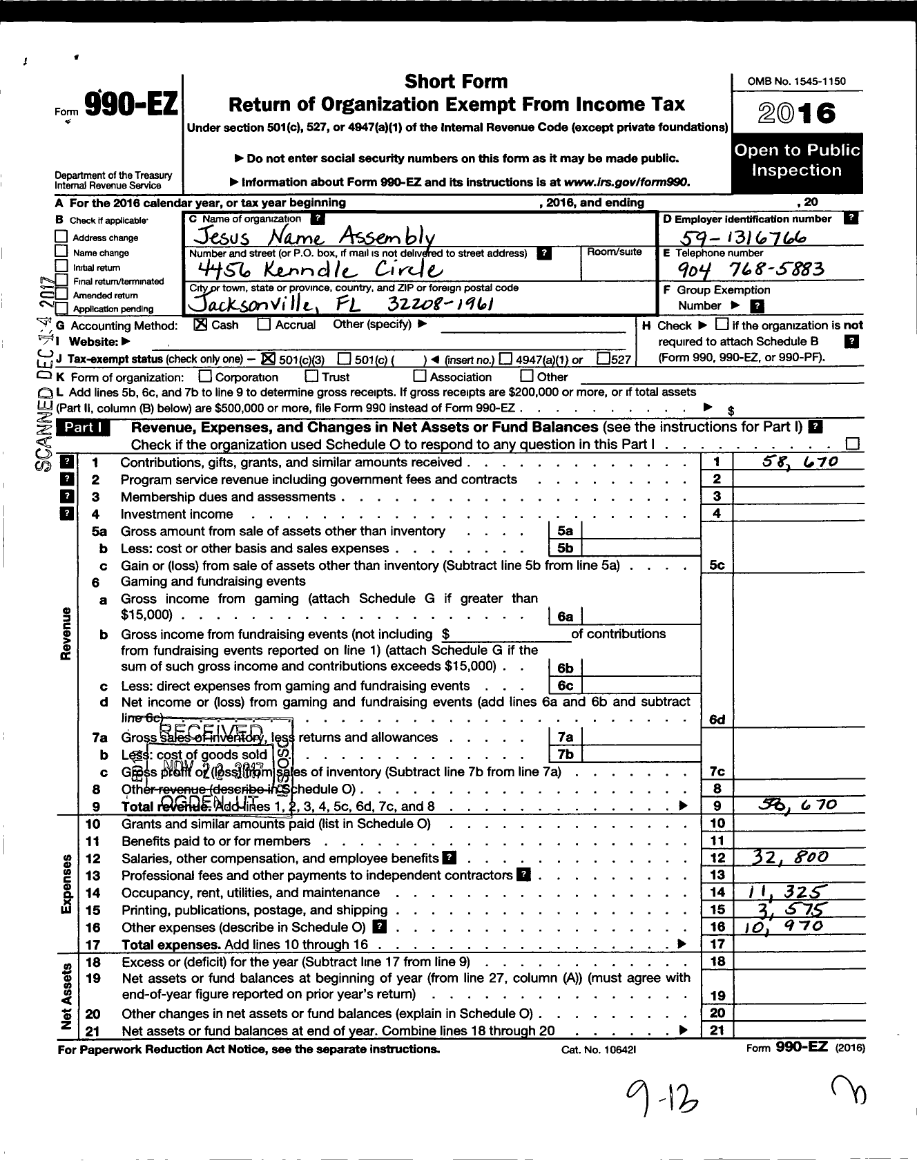 Image of first page of 2016 Form 990EZ for Jesus Name Assembly