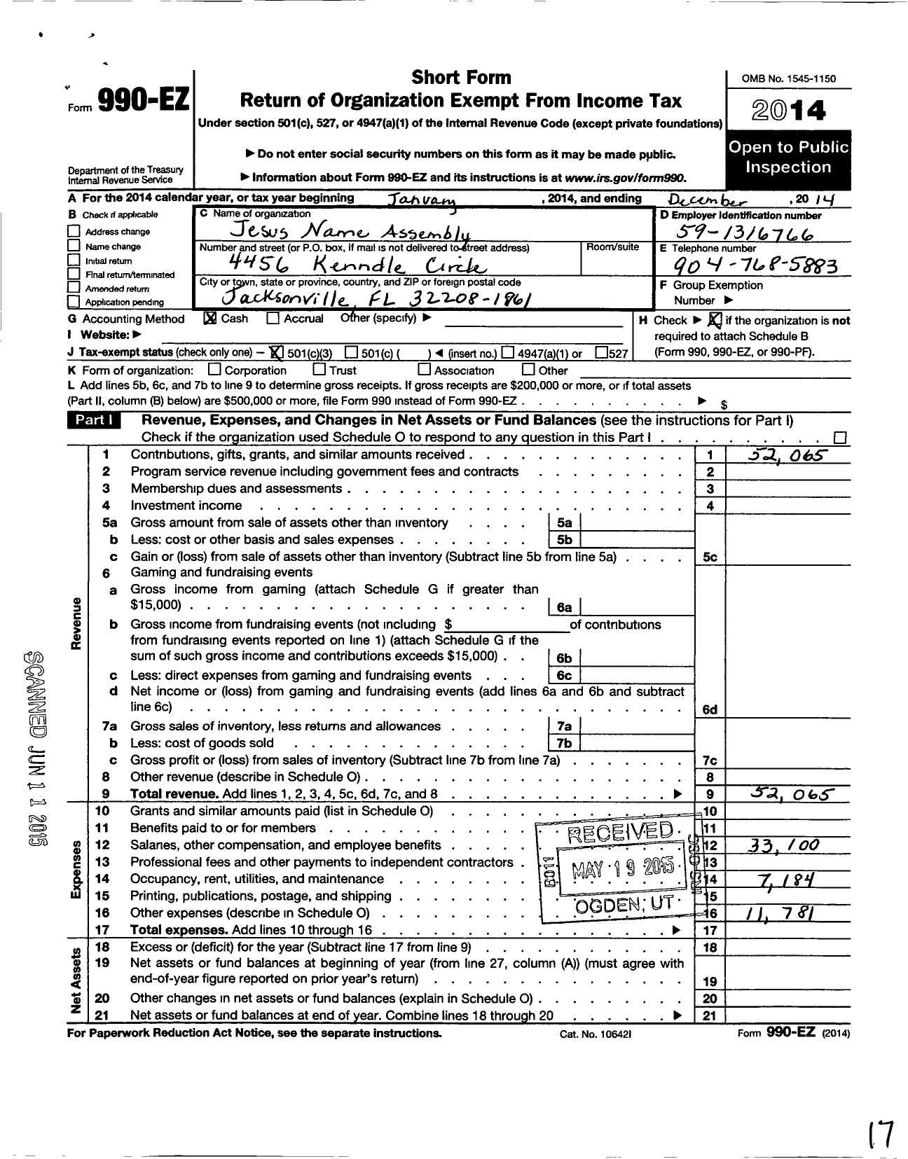 Image of first page of 2014 Form 990EZ for Jesus Name Assembly