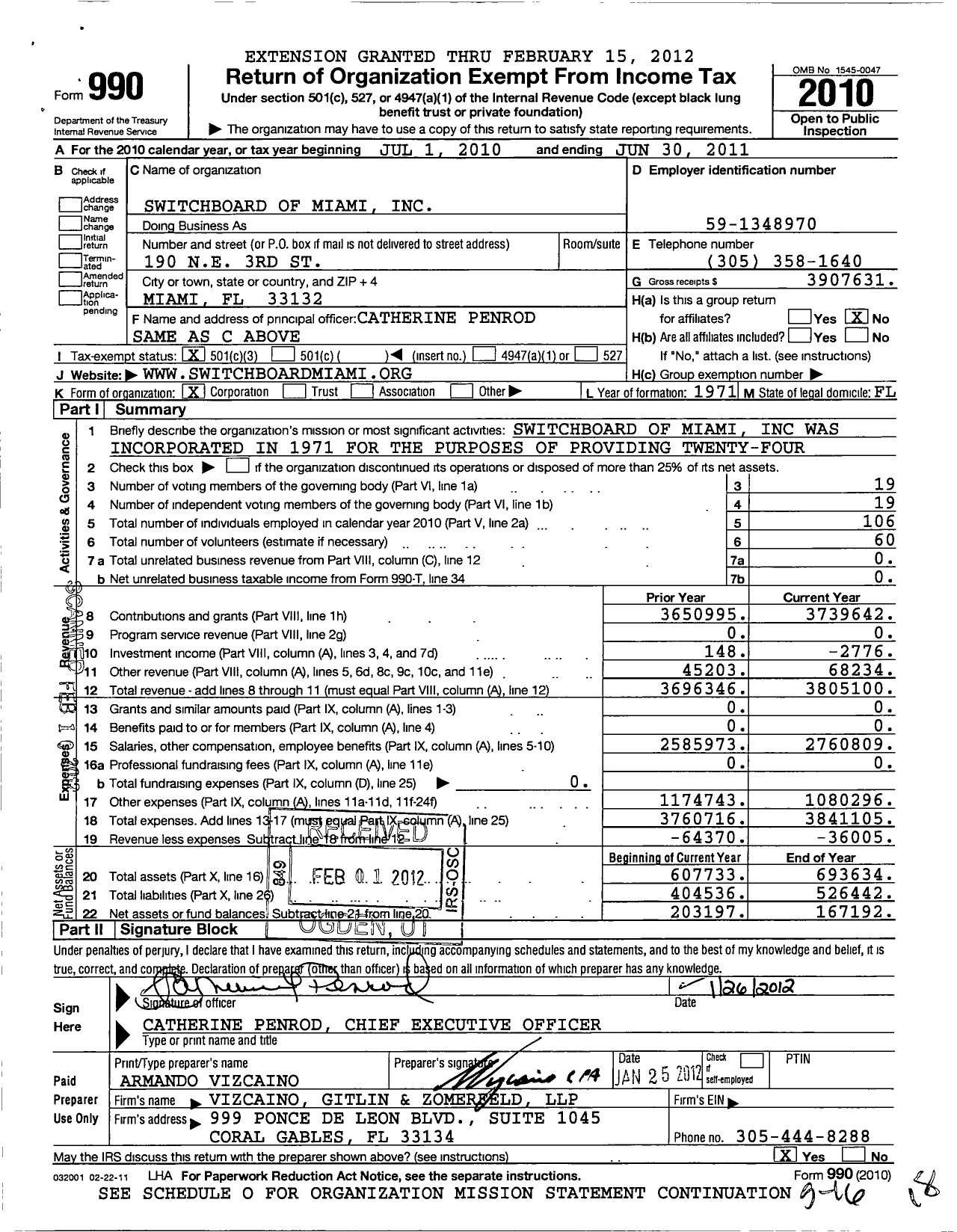 Image of first page of 2010 Form 990 for Switchboard of Miami