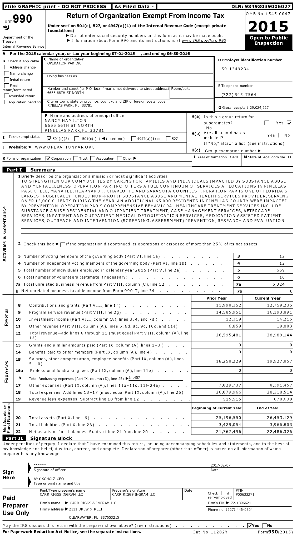 Image of first page of 2015 Form 990 for Operation PAR