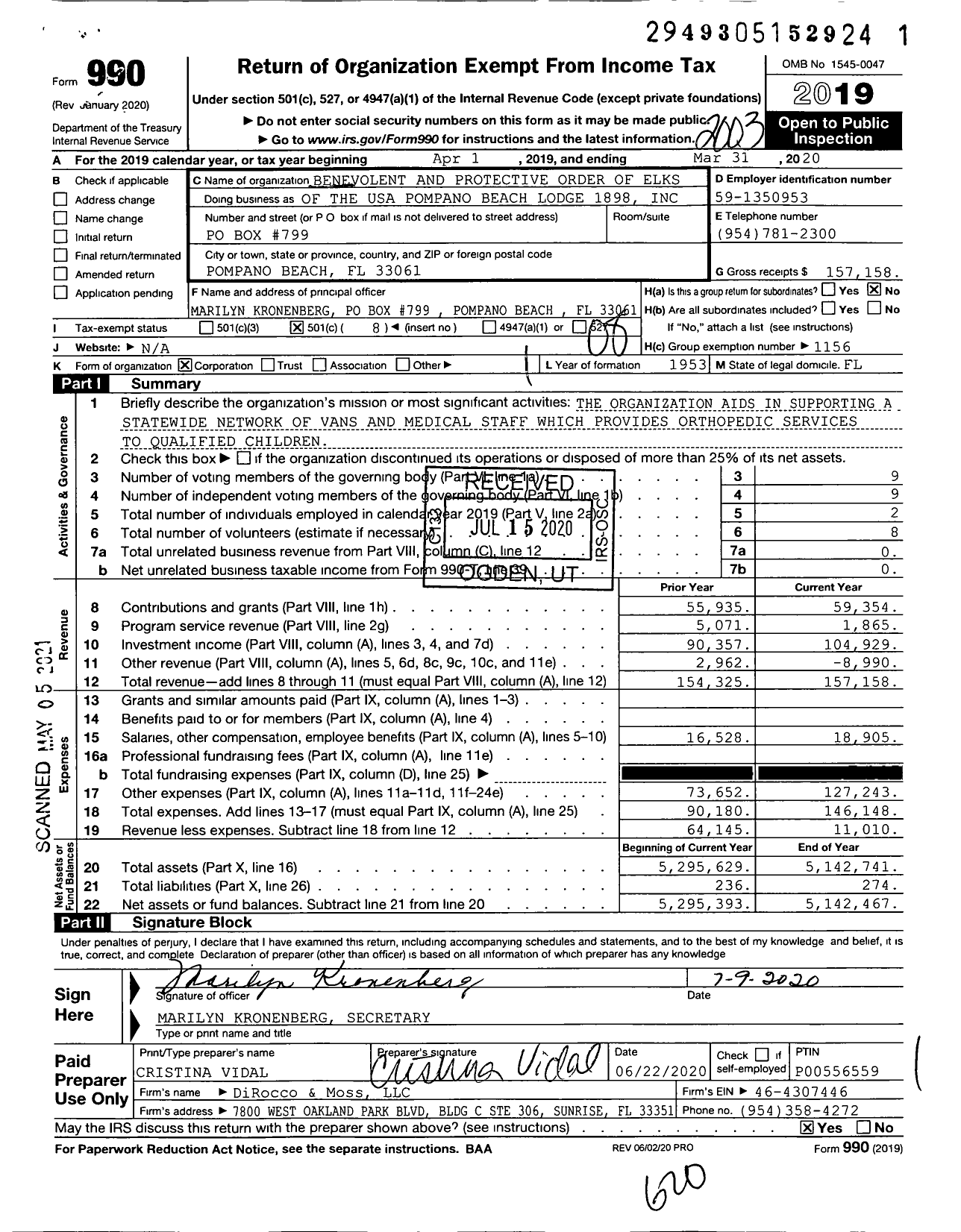 Image of first page of 2019 Form 990O for Benevolent and Protective Order of Elks - 1898 Pompano Beach