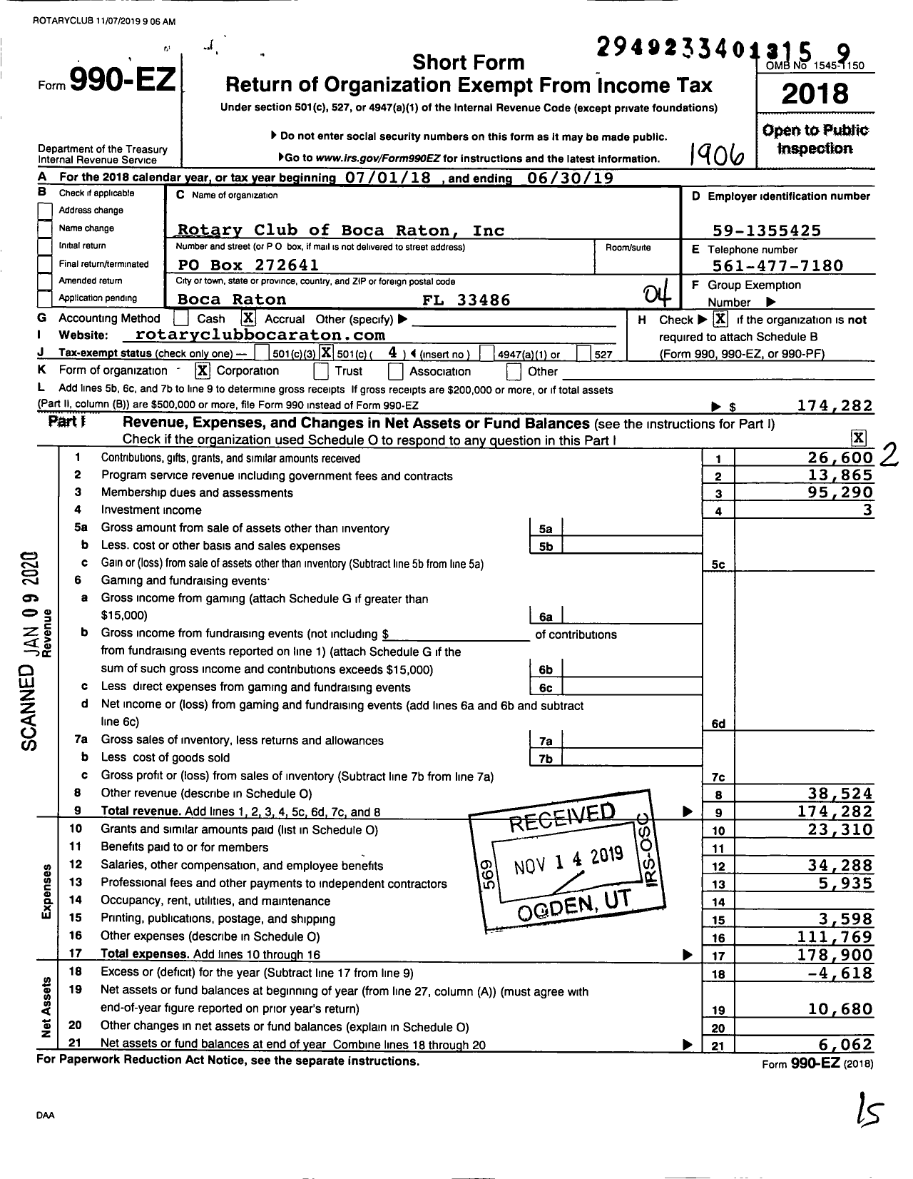 Image of first page of 2018 Form 990EO for Rotary International - Boca Raton