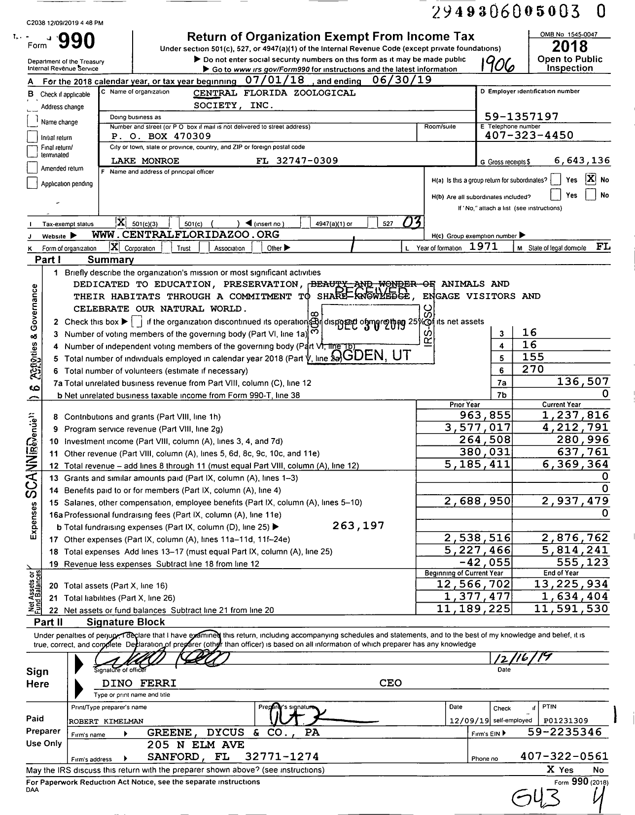 Image of first page of 2018 Form 990 for Central Florida Zoological Society