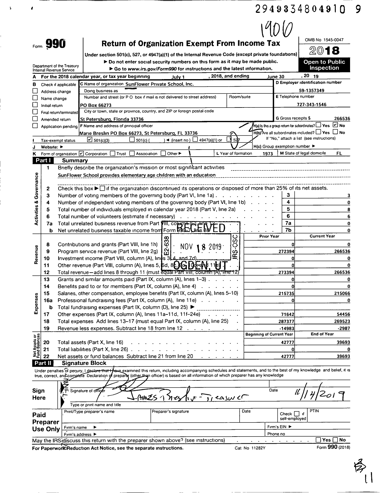 Image of first page of 2018 Form 990 for Sunflower Private School