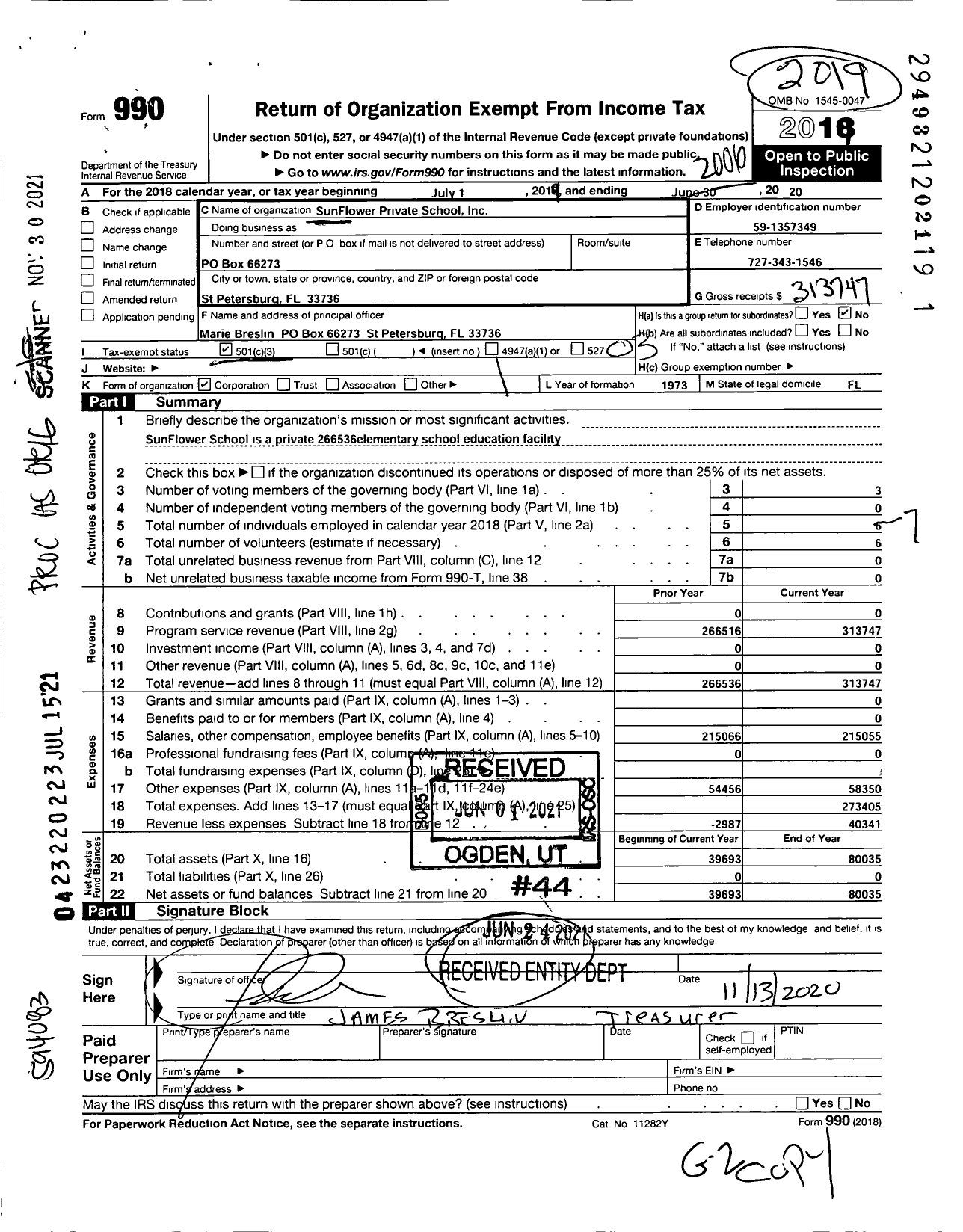 Image of first page of 2019 Form 990 for Sunflower Private School