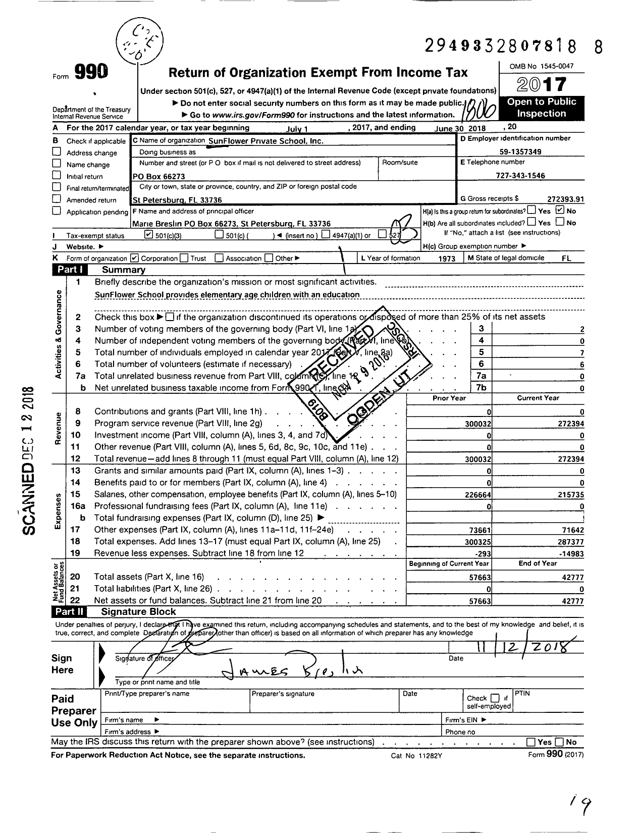 Image of first page of 2017 Form 990 for Sunflower Private School