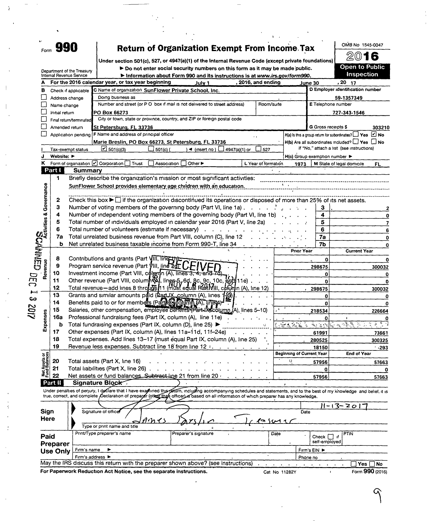 Image of first page of 2016 Form 990 for Sunflower Private School