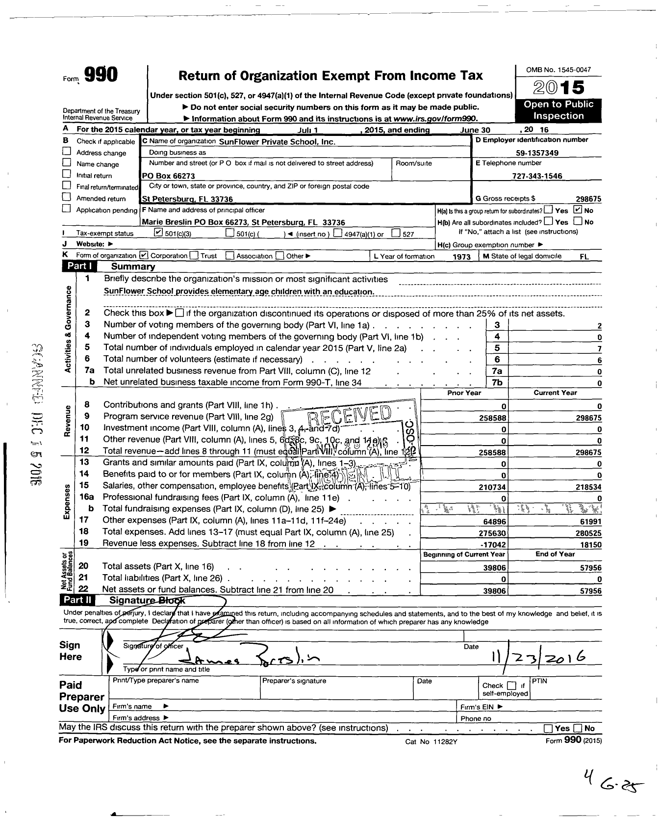 Image of first page of 2015 Form 990 for Sunflower Private School