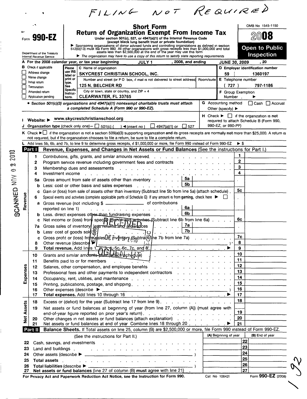 Image of first page of 2008 Form 990EO for Skycrest Christian School