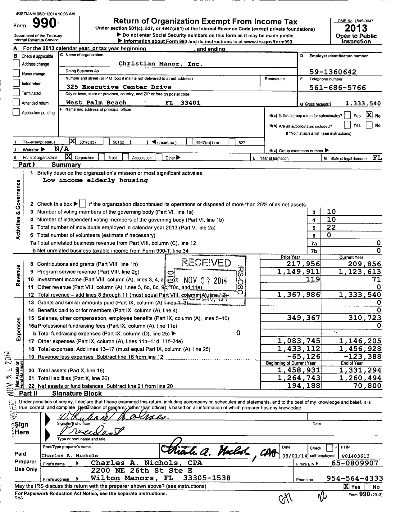 Image of first page of 2013 Form 990 for Christian Manor