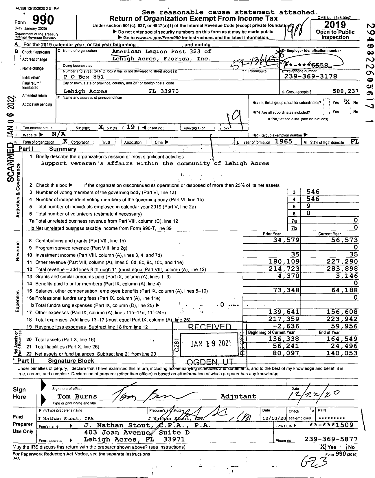 Image of first page of 2019 Form 990O for American Legion Post 323 of Lehigh Acres Florida