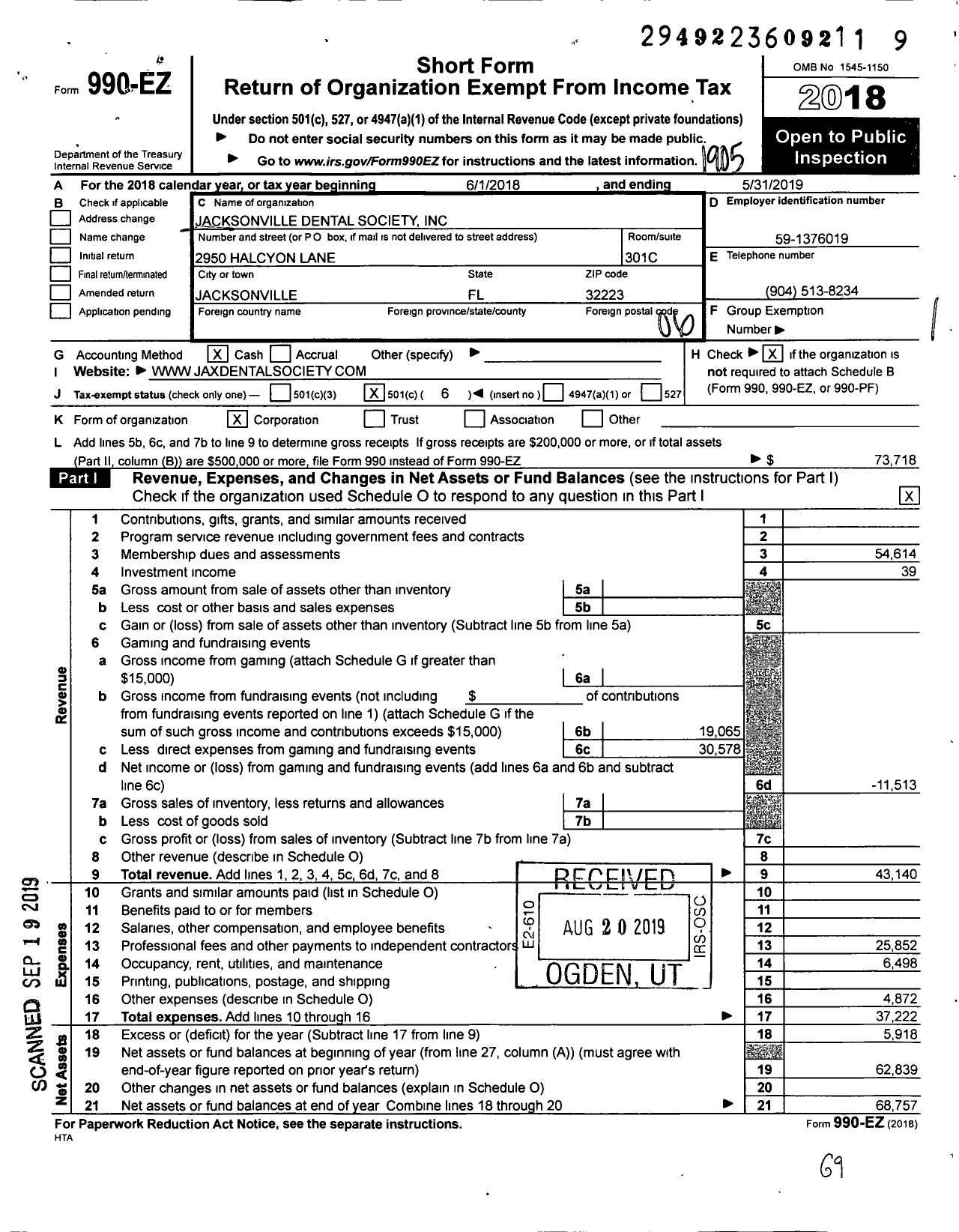 Image of first page of 2018 Form 990EO for Jacksonville Dental Society