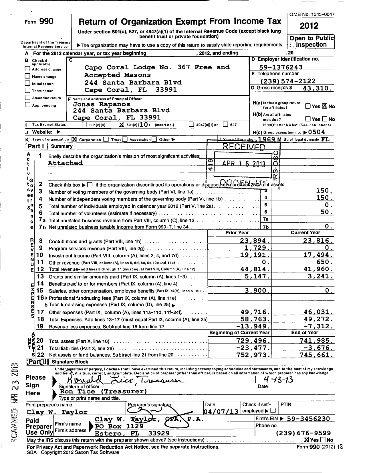 Image of first page of 2012 Form 990O for Free and Accepted Masons of Florida - 367 Cape Coral Lodge