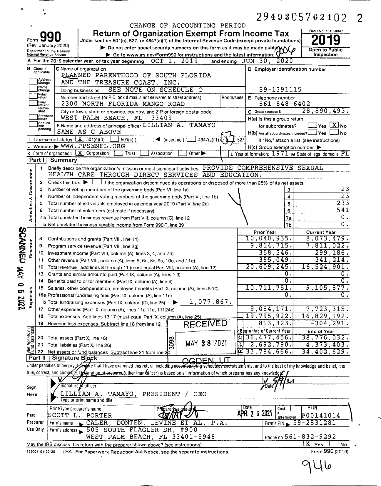 Image of first page of 2019 Form 990 for Planned Parenthood of South, East and North Florida