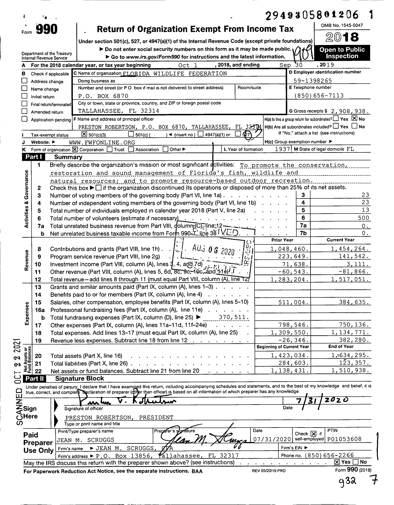 Image of first page of 2018 Form 990 for Florida Wildlife Federation (FWF)