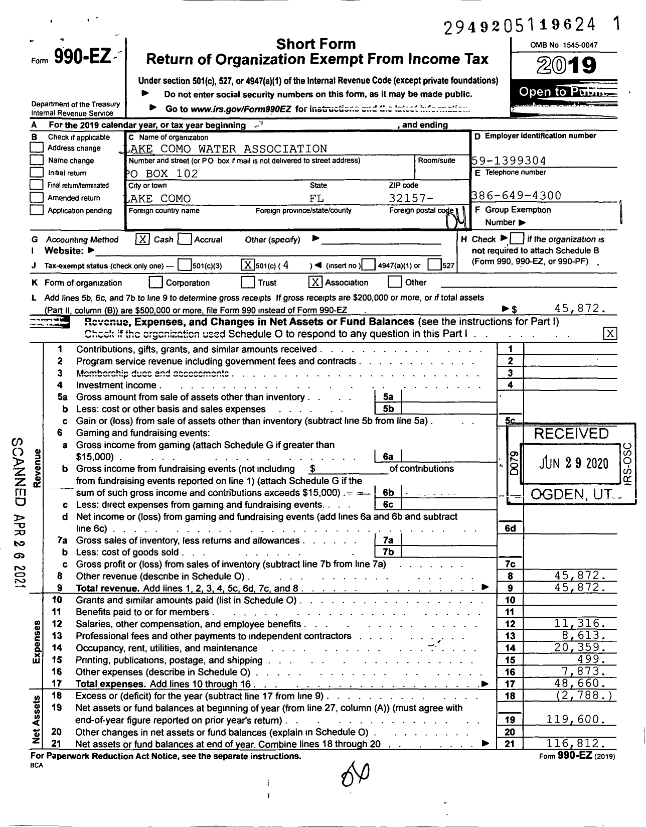 Image of first page of 2019 Form 990EO for Lake Como Water Association