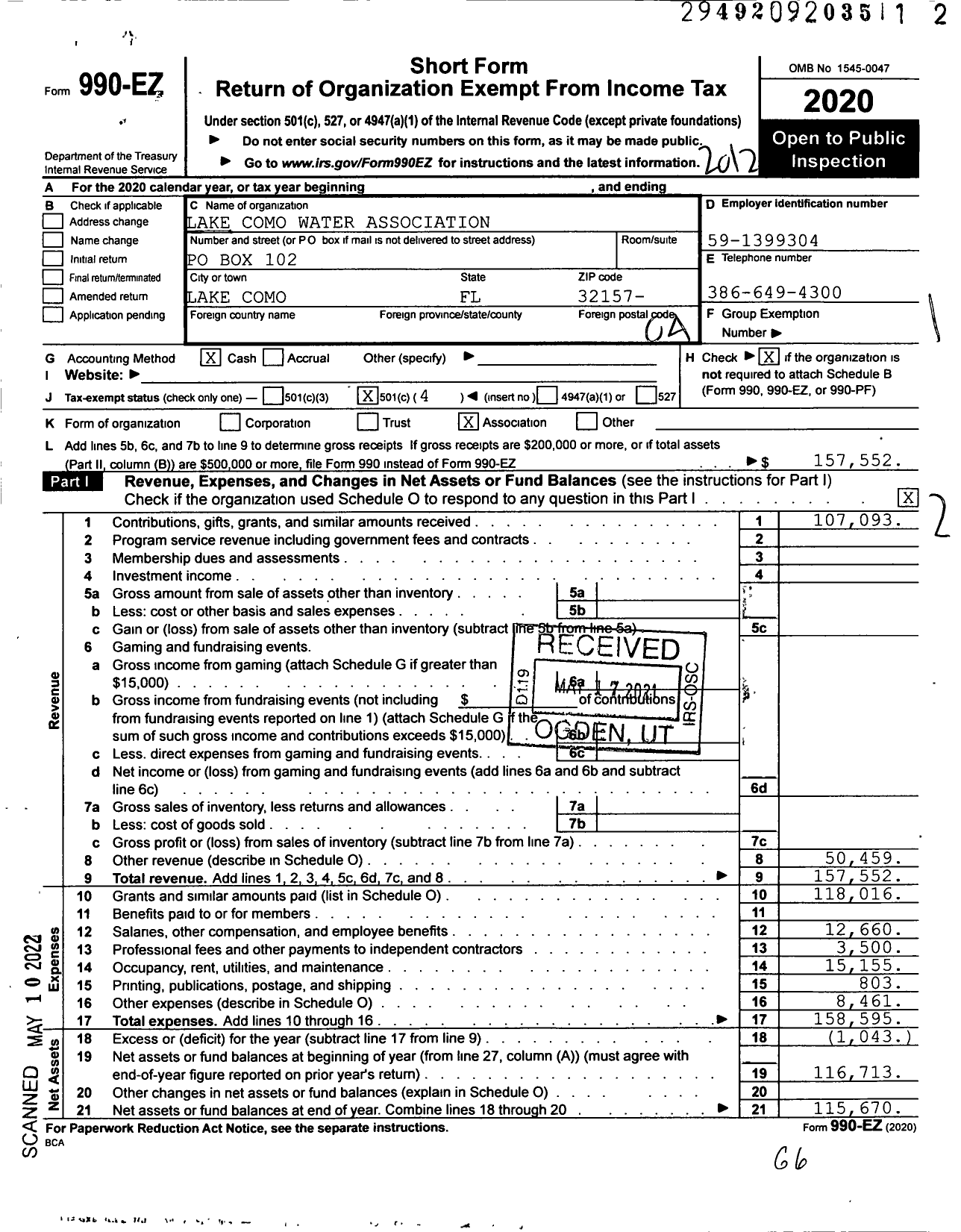 Image of first page of 2020 Form 990EO for Lake Como Water Association