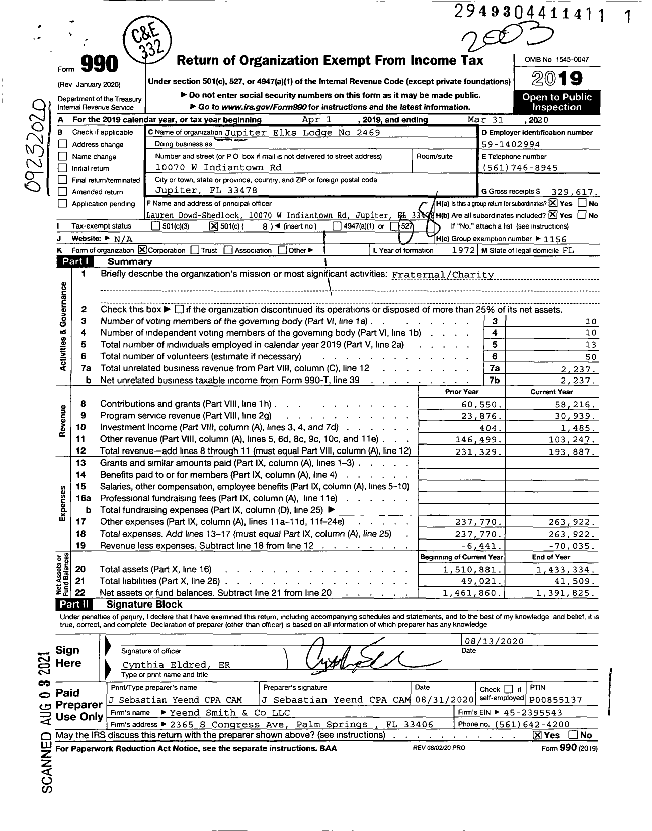 Image of first page of 2019 Form 990O for Benevolent and Protective Order of Elks - 2469 Jupiter