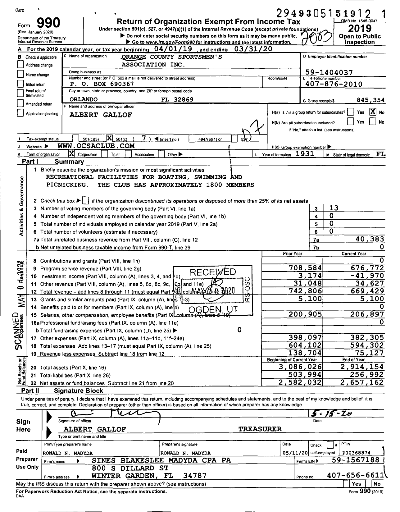 Image of first page of 2019 Form 990O for Orange County Sportsmen's Association