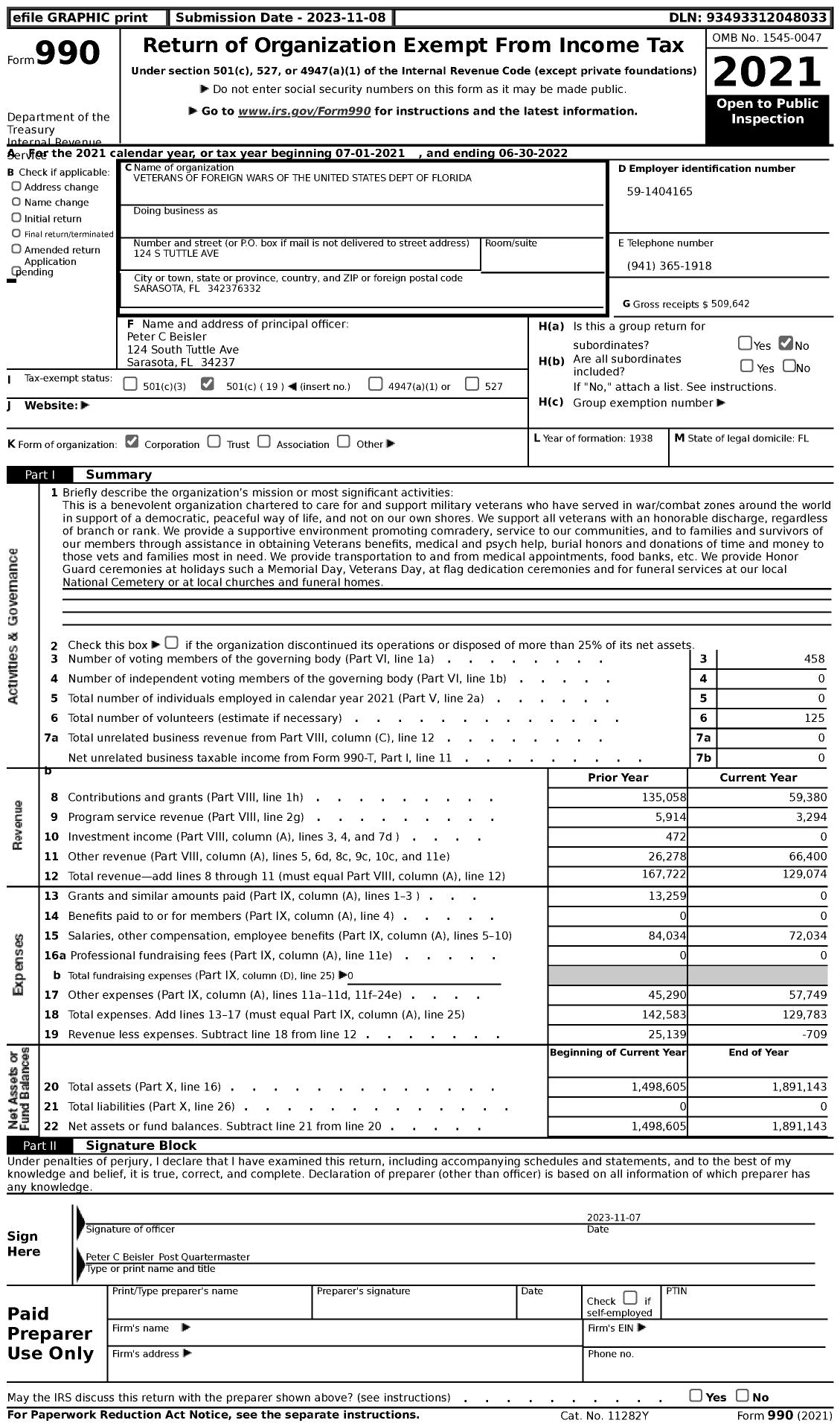 Image of first page of 2021 Form 990 for VFW Department of Florida - Sunshine Post 3233 of Florida