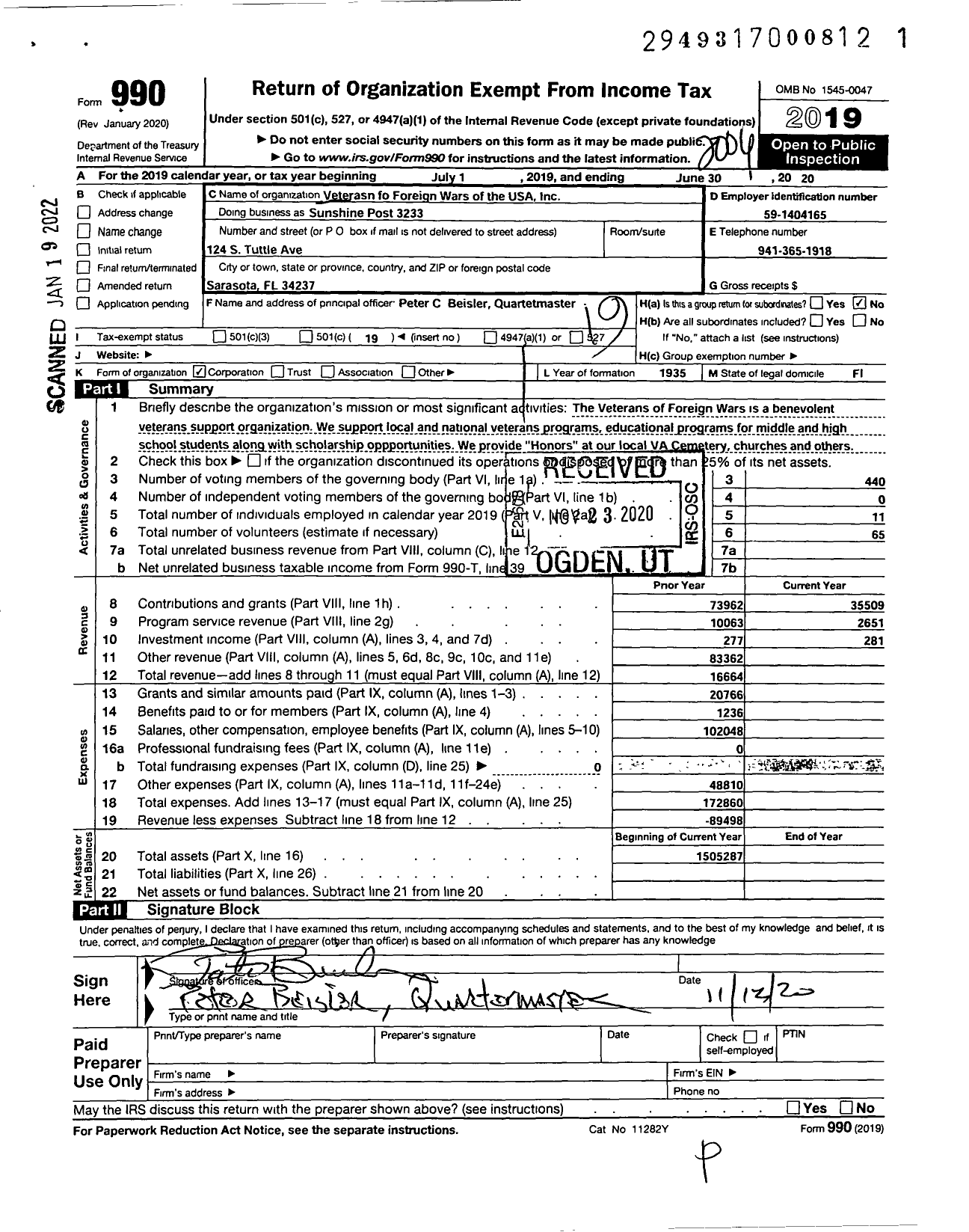 Image of first page of 2019 Form 990O for VFW Department of Florida - Sunshine Post 3233 of Florida