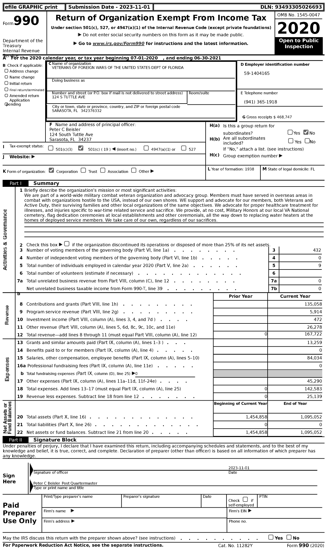 Image of first page of 2020 Form 990 for VFW Department of Florida - Sunshine Post 3233 of Florida