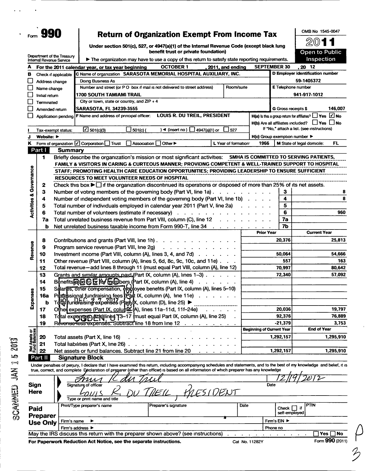 Image of first page of 2011 Form 990 for Sarasota Memorial Hospital Auxiliary