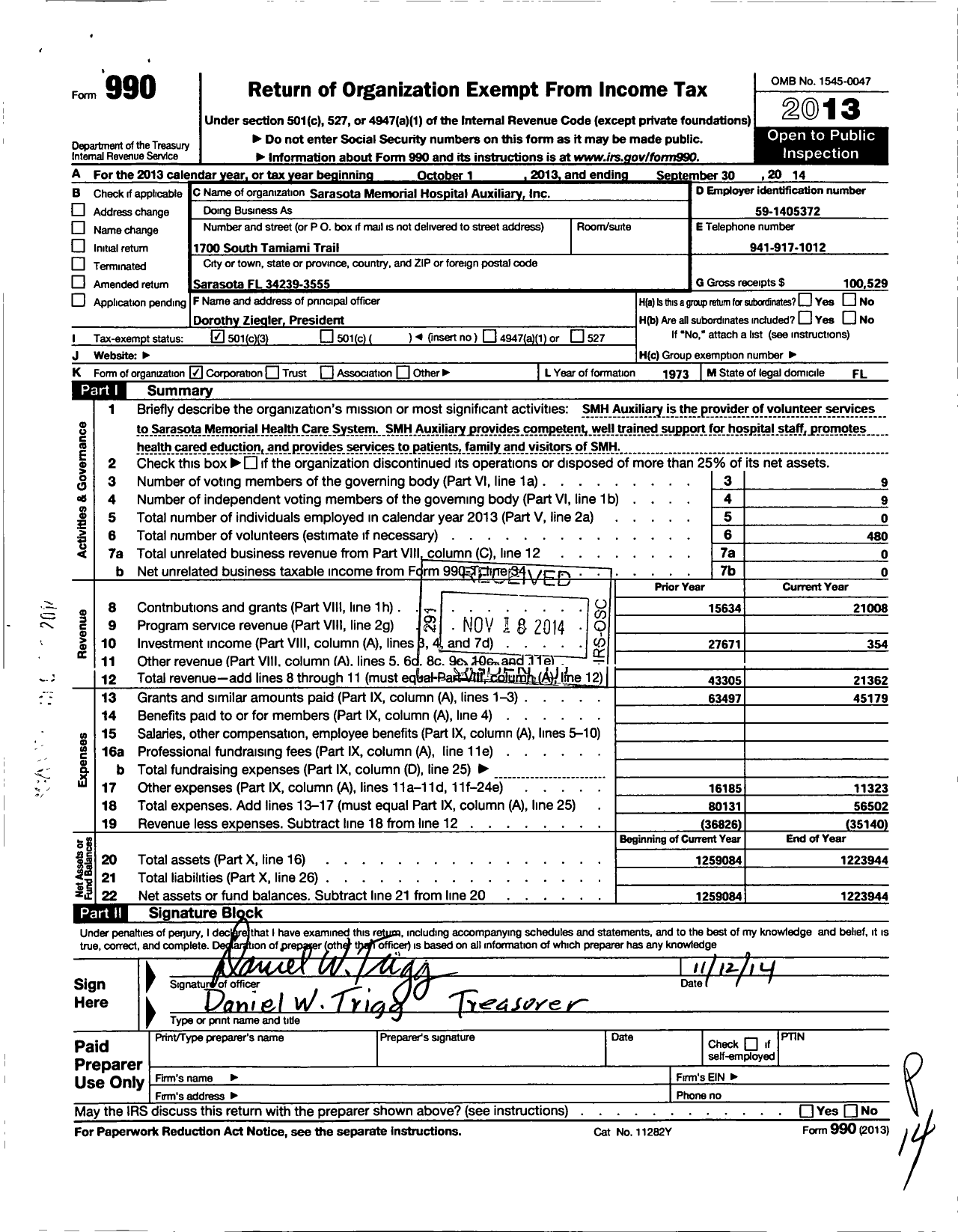 Image of first page of 2013 Form 990 for Sarasota Memorial Hospital Auxiliary