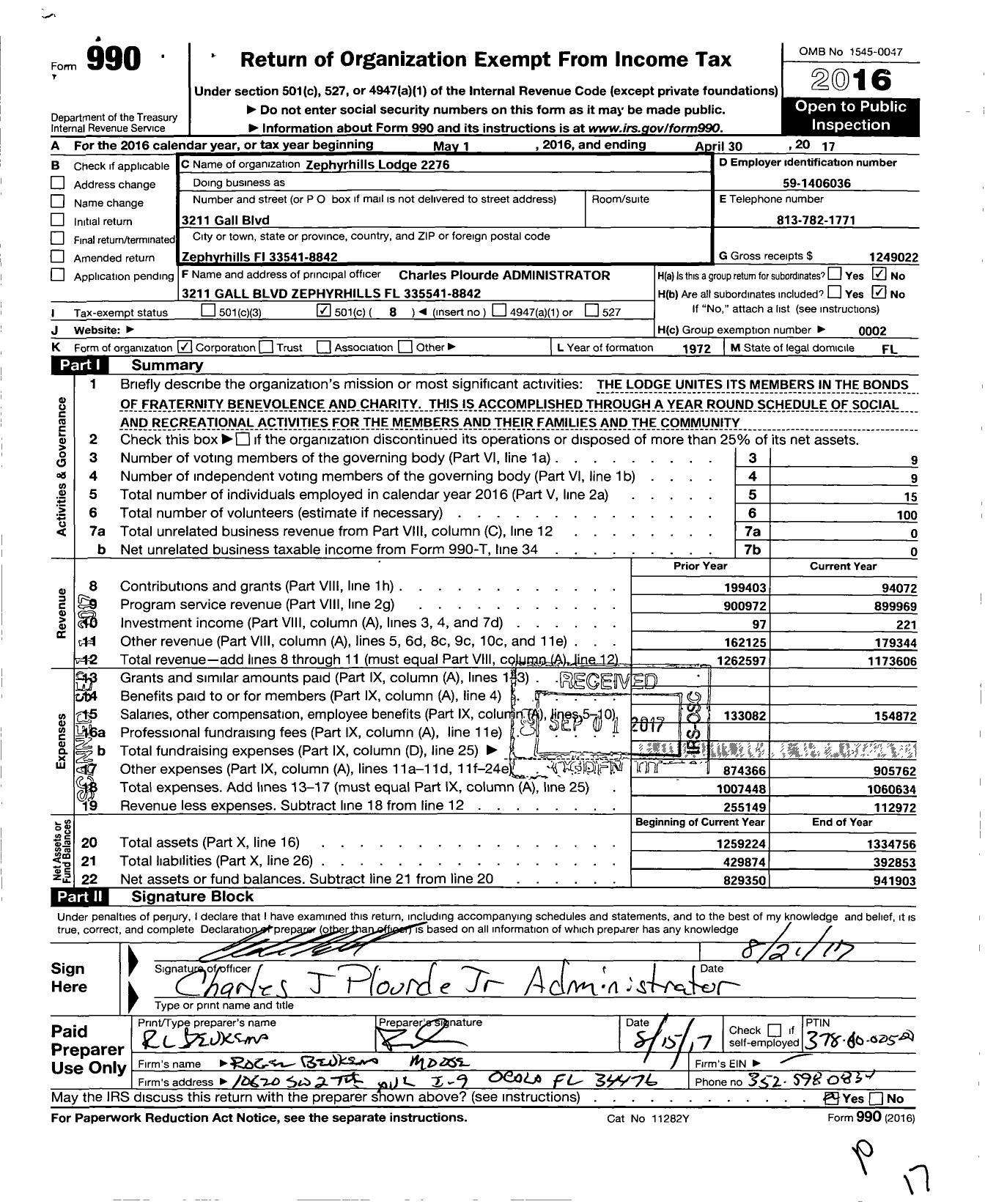 Image of first page of 2016 Form 990O for Loyal Order of Moose - 2276