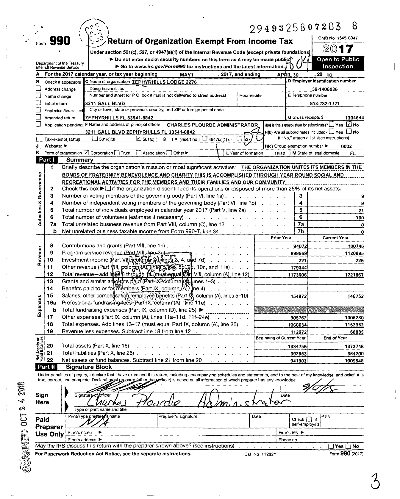 Image of first page of 2017 Form 990O for Loyal Order of Moose - 2276