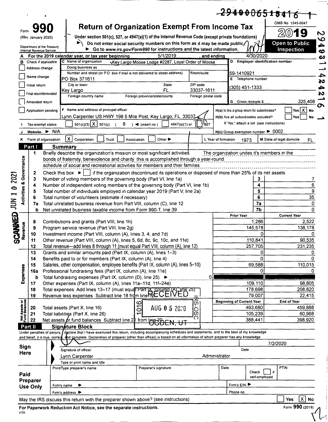 Image of first page of 2019 Form 990O for Loyal Order of Moose - Key Largo Lodge No 2287 Loyal Orde