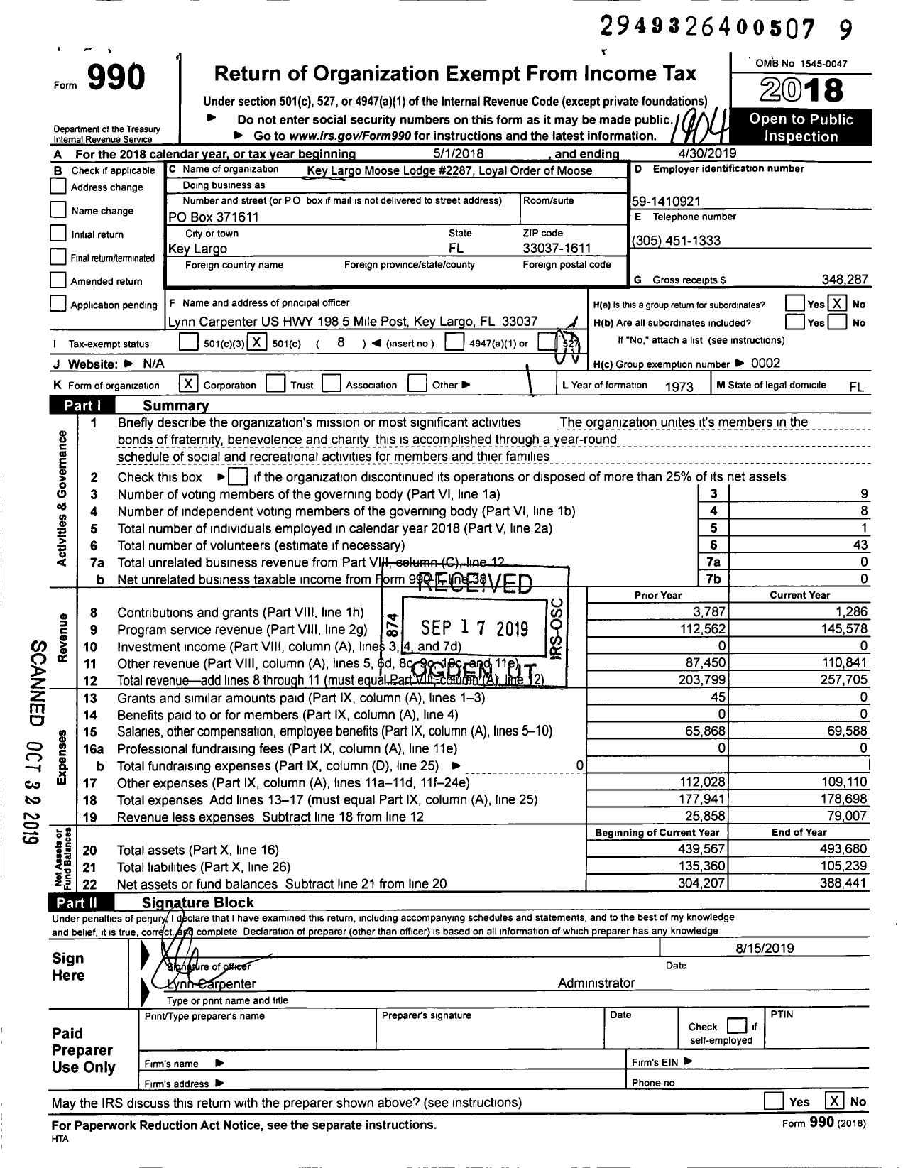 Image of first page of 2018 Form 990O for Loyal Order of Moose - Key Largo Lodge No 2287 Loyal Orde